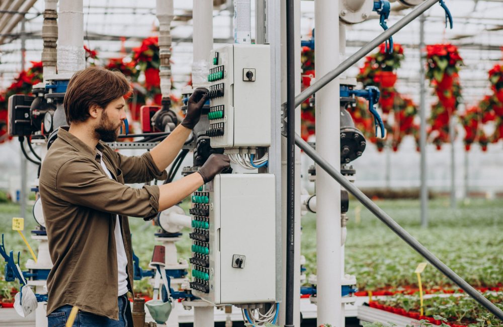 Man florist working in green house